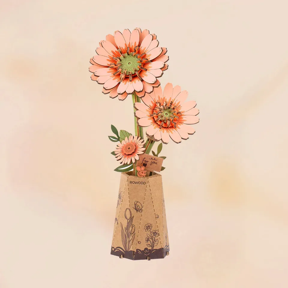 rowood-tw111-gerbera-puzzle-bois-3d-bouquet-orange image 1