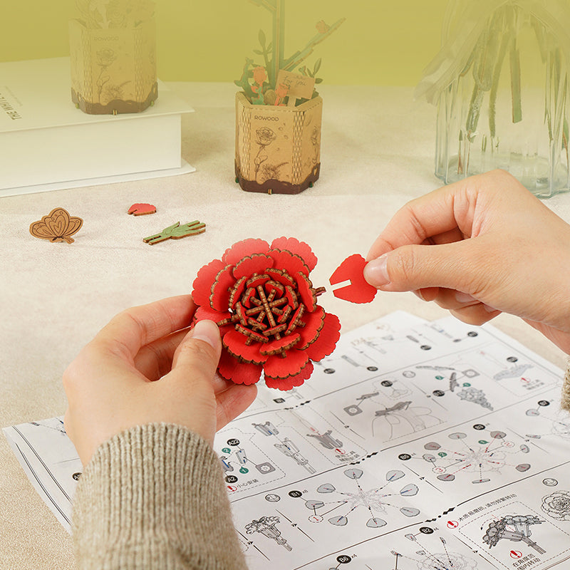rowood-tw052-illet-rouge-maquette-fleur-bois-3d-puzzle image 2